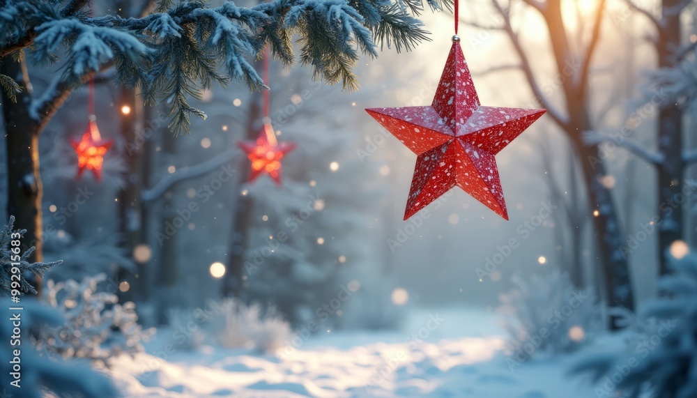 Hanging Red Stars in a Snow-Covered Christmas Forest Hanging Red Stars in a Snow-Covered Christmas Forest
