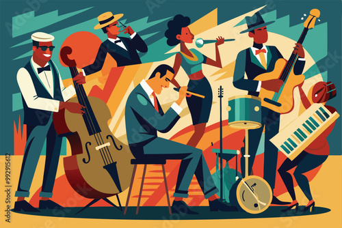 A lively jazz band performs with diverse musicians showcasing their talents in a colorful atmosphere, Customizable Jazz Band Illustration