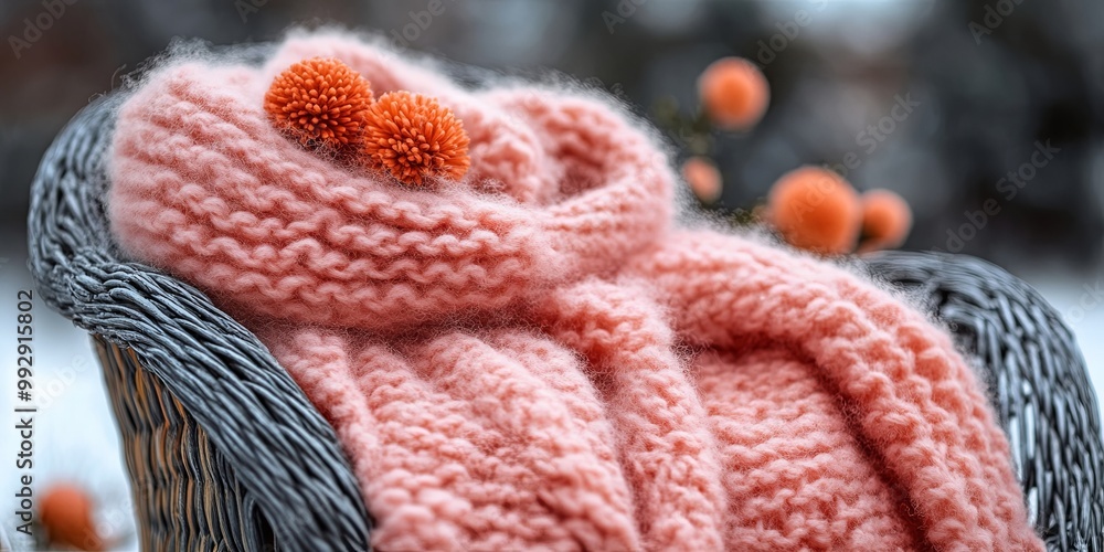 A soft pink knitted scarf draped over a woven basket, with a delicate flower nestled on top. It is a charming detail that speaks to the beauty of simple things. A soft pink knitted scarf draped over a woven basket, with a delicate flower nestled on top. It is a charming detail that speaks to the beauty of simple things.