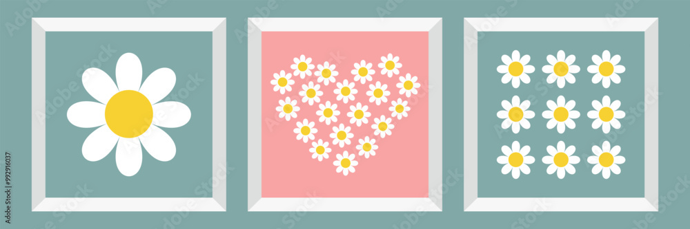 Chamomile icon set. White daisy camomile picture frame set. Heart shape. Valentines Day. Cute hand drawn flower plant. Growing concept. Love card sign symbol. Flat design. Blue Pink background. Vector Chamomile icon set. White daisy camomile picture frame set. Heart shape. Valentines Day. Cute hand drawn flower plant. Growing concept. Love card sign symbol. Flat design. Blue Pink background. Vector
