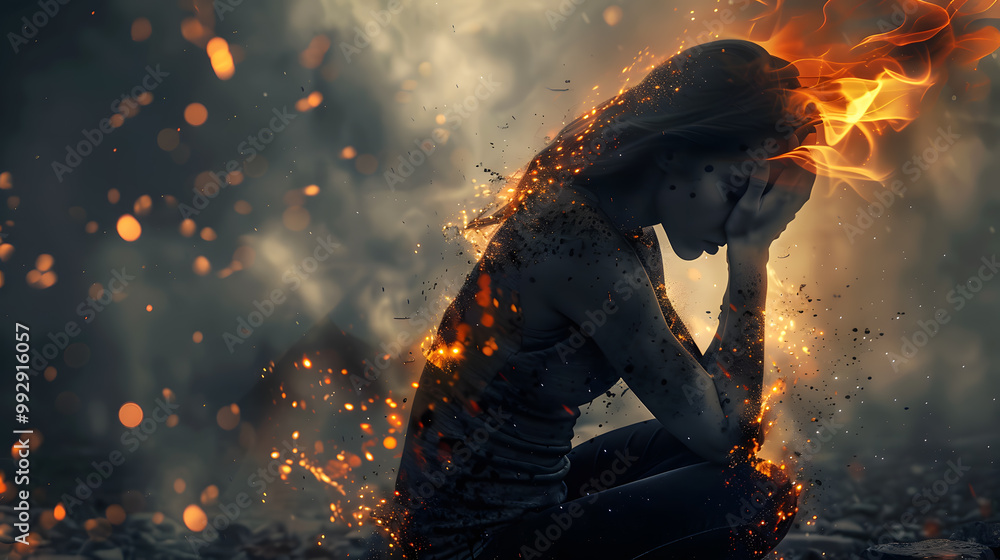 A man with a burning and smoking head as a concept for emotional burnout. AI Generated A man with a burning and smoking head as a concept for emotional burnout. AI Generated