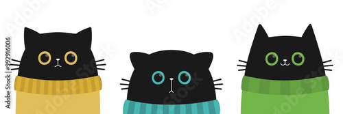 Cat face set. Yellow, blue, green eyes. Kitten wearing a sweater. Black silhouette icon. Cute cartoon pet baby character. Funny kawaii animal. Childish style. Flat design. White background. Vector