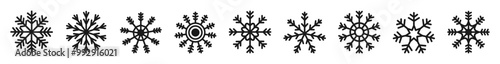 Black snowflake icon set line. Snowflakes collection. Different shape sign symbol. Cute funny snow flake winter template. Childish style. Flat design. Isolated. White background. Vector illustration