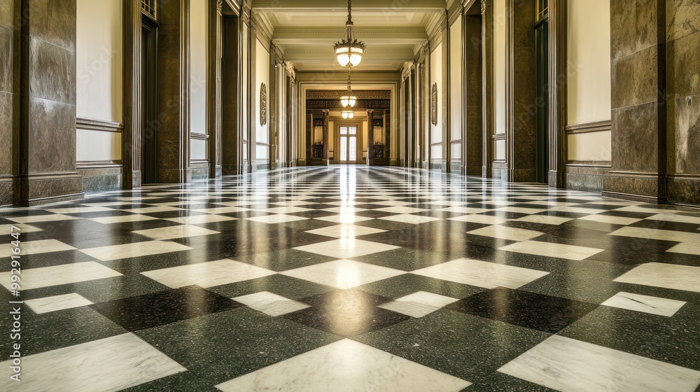 A spacious corridor with a checkered floor and elegant lighting. A spacious corridor with a checkered floor and elegant lighting.