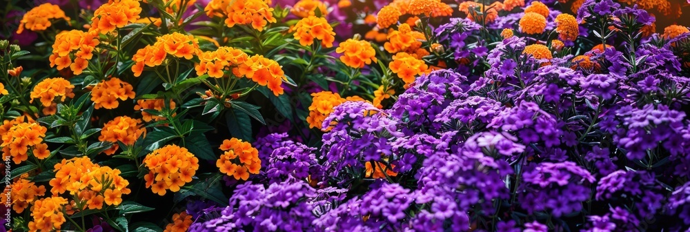 Obraz premium Orange And Purple Flowers. Panorama of Summer Flower Bed with Phlox and Marigold Blossoming