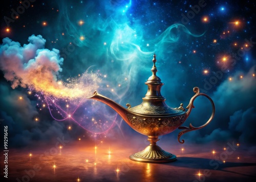 An ethereal genie materializes from a mystical lamp, surrounded by swirling smoke and twinkling lights, evoking a