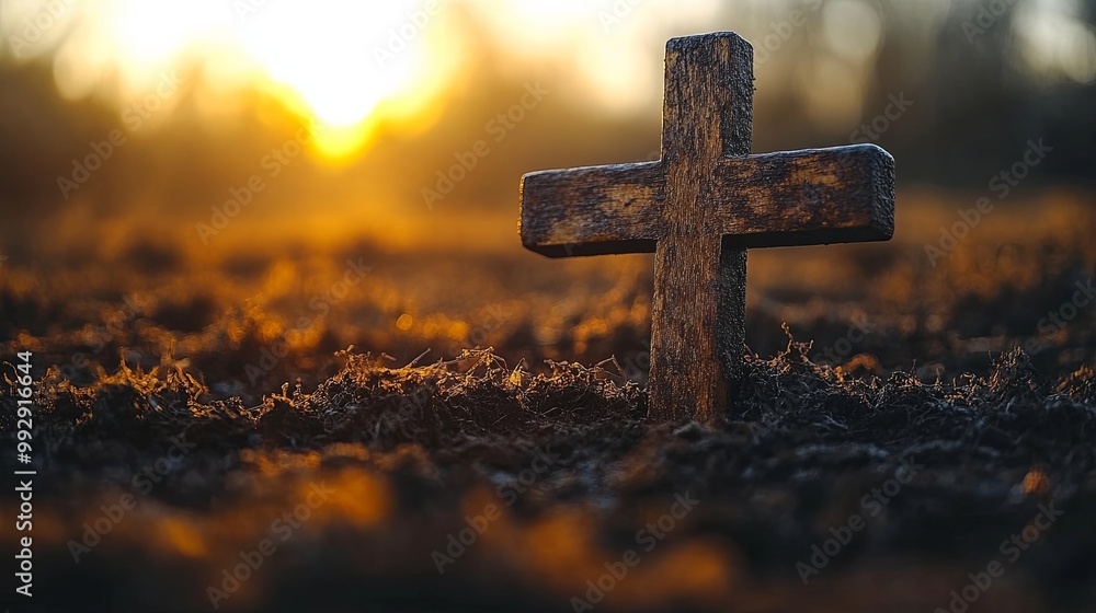 A wooden cross stands tall against the backdrop of a golden sunset, its silhouette casting a shadow on the rough ground, a symbol of faith and hope A wooden cross stands tall against the backdrop of a golden sunset, its silhouette casting a shadow on the rough ground, a symbol of faith and hope