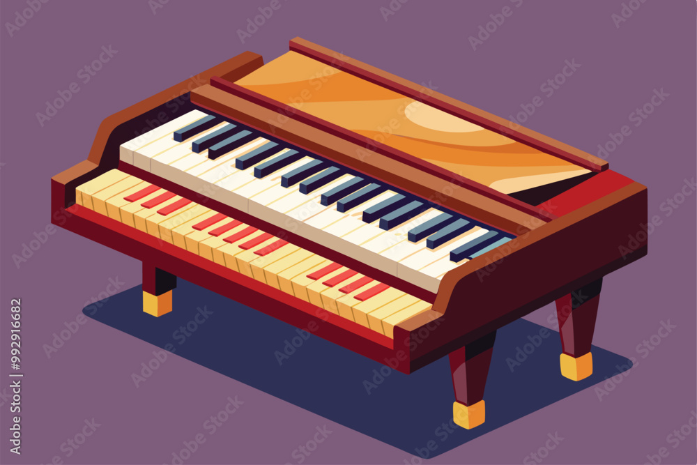A detailed illustration of a jazz piano design with a polished finish, showcasing vivid colors and intricate keys, Customizable jazz piano illustration that is disproportionate.