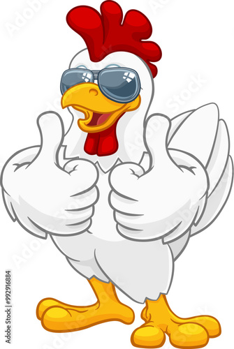 A chicken rooster cockerel bird cartoon character in cool shades or sunglasses giving a double thumbs up