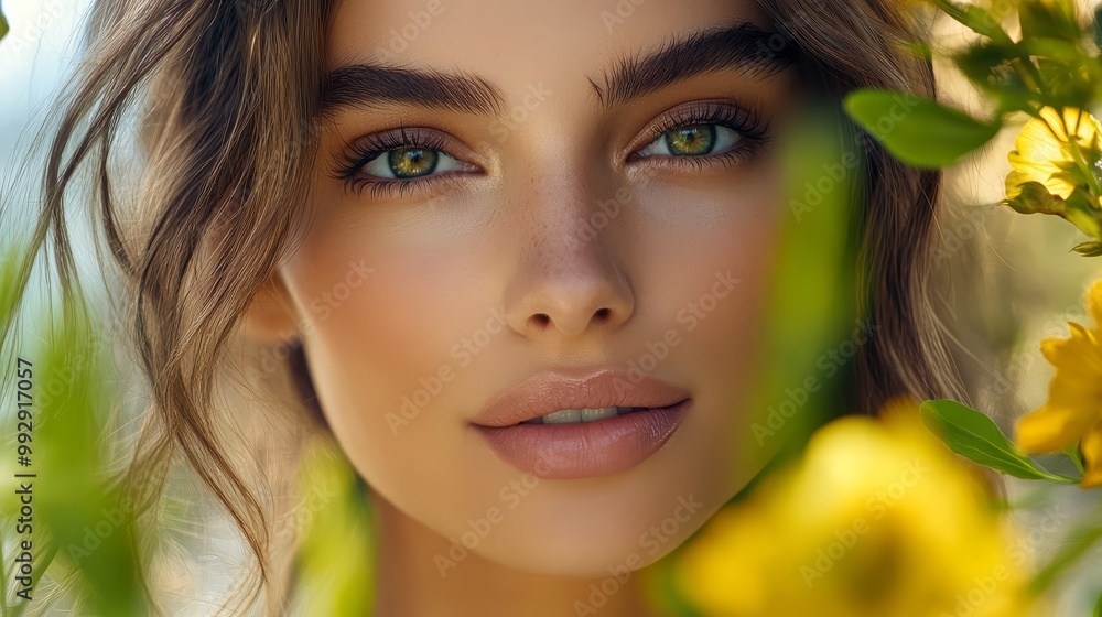 Close-up portrait of a beautiful woman with green eyes and natural makeup, surrounded by yellow flowers. Close-up portrait of a beautiful woman with green eyes and natural makeup, surrounded by yellow flowers.