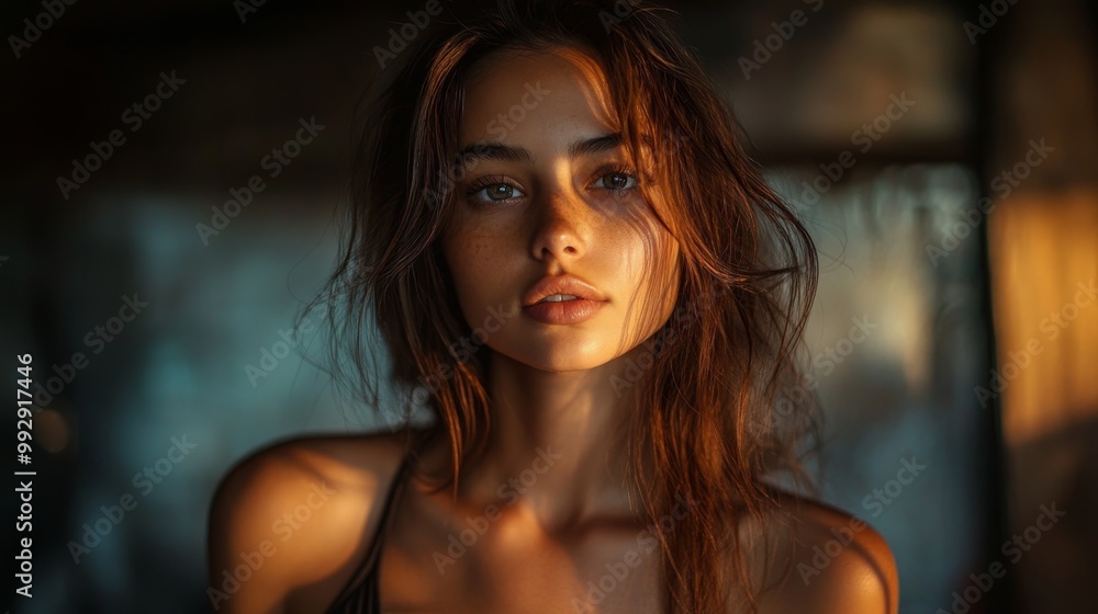A woman with long, wavy hair gazes into the distance, bathed in warm, golden light. A woman with long, wavy hair gazes into the distance, bathed in warm, golden light.