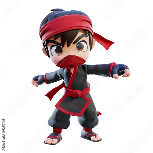 A cartoon ninja with a red headband and black outfit in a fighting pose. photo