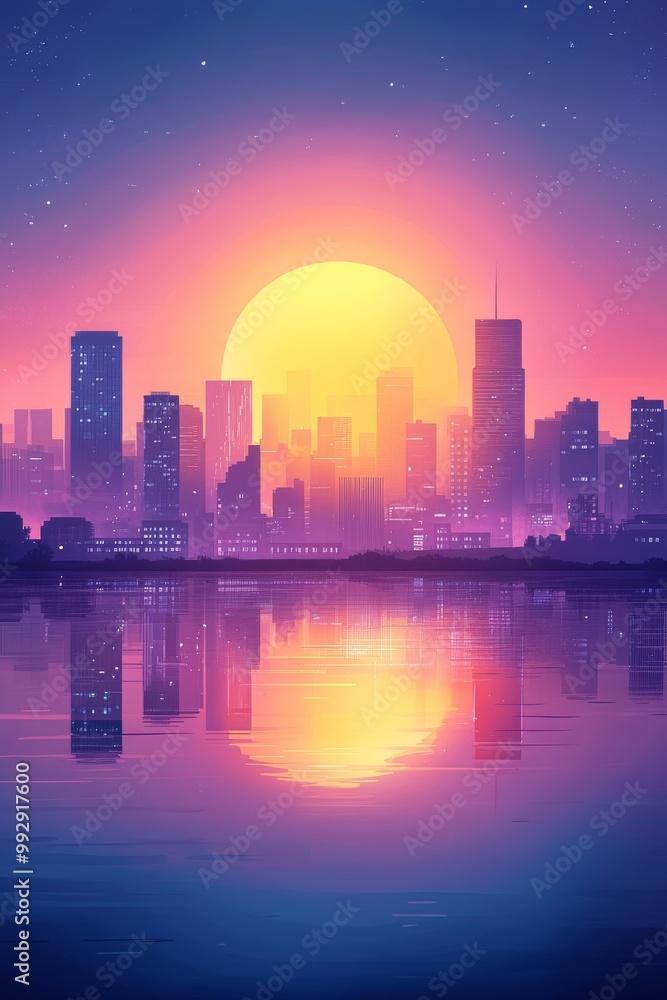 Vibrant sunset over a city skyline reflecting on a calm body of water at dusk Vibrant sunset over a city skyline reflecting on a calm body of water at dusk