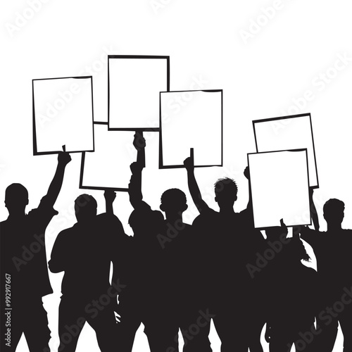 Vector illustration black silhouette of crowd of people at protest rally. People hold banners and placards in their hands.