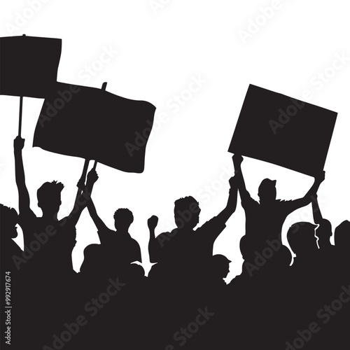 Vector illustration black silhouette of crowd of people at protest rally. People hold banners and placards in their hands.