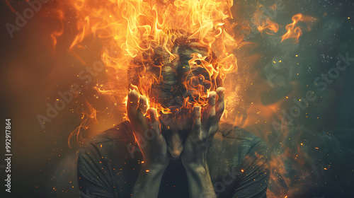 A man with a burning and smoking head as a concept for emotional burnout. AI Generated