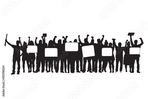 Vector illustration black silhouette of crowd of people at protest rally. People hold banners and placards in their hands.