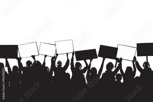 Vector illustration black silhouette of crowd of people at protest rally. People hold banners and placards in their hands.