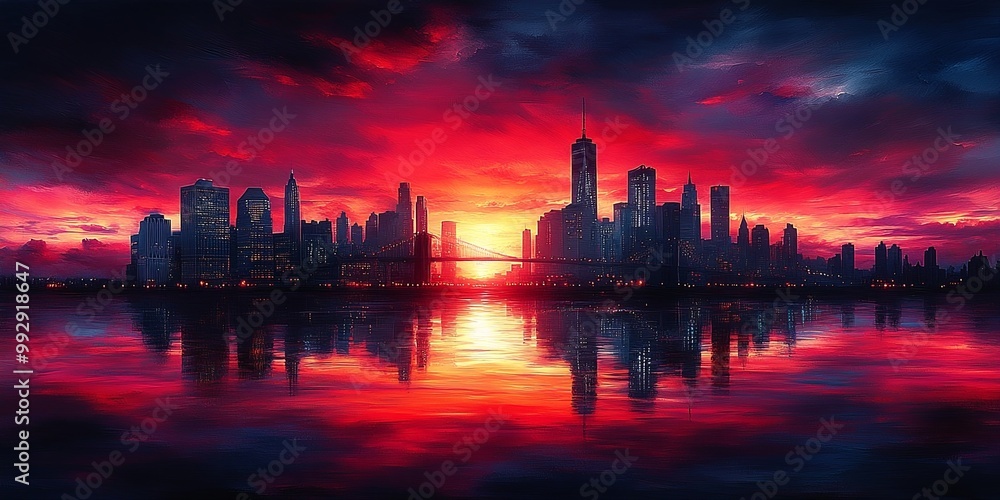 A fiery sunset casts a warm glow over the cityscape, reflecting the vibrant hues on the calm water A fiery sunset casts a warm glow over the cityscape, reflecting the vibrant hues on the calm water