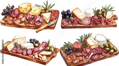 Four different platters of food, including cheese, grapes, olives, and meats. The platters are arranged in a way that makes them look like a buffet