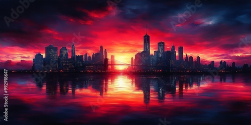 A fiery sunset casts a warm glow over the cityscape, reflecting the vibrant hues on the calm water