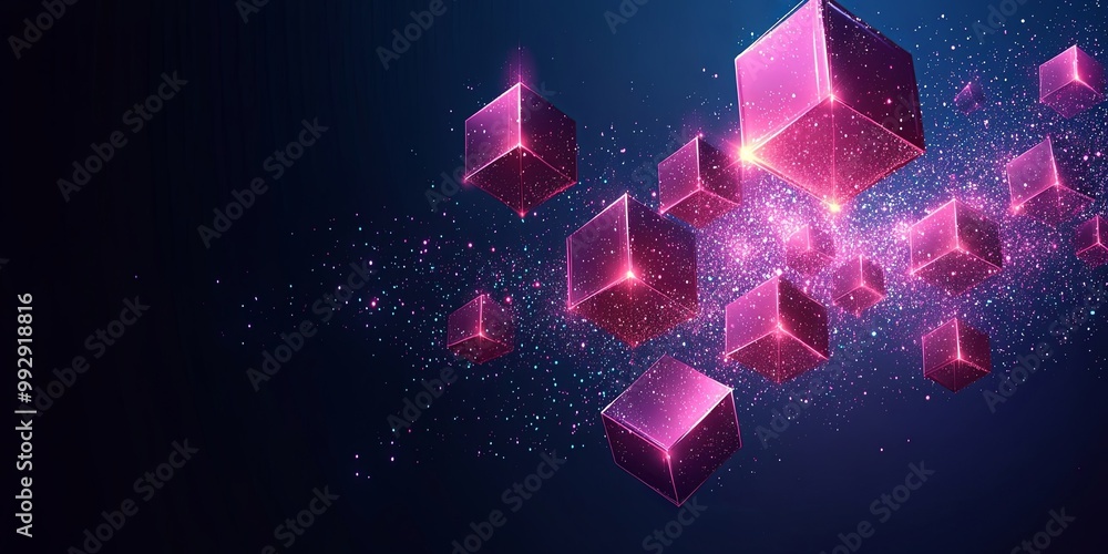 A vibrant abstract composition featuring a multitude of glowing pink cubes suspended in a sparkling dark blue space. A vibrant abstract composition featuring a multitude of glowing pink cubes suspended in a sparkling dark blue space.