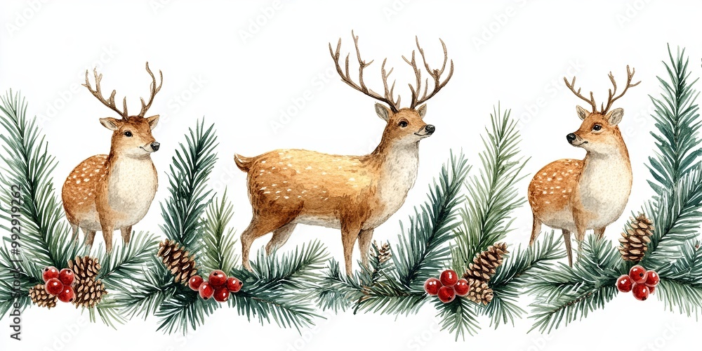 Three Delicate Deer Stand Amongst Lush Green Pine Branches with Scattered Red Berries and Pine Cones Three Delicate Deer Stand Amongst Lush Green Pine Branches with Scattered Red Berries and Pine Cones