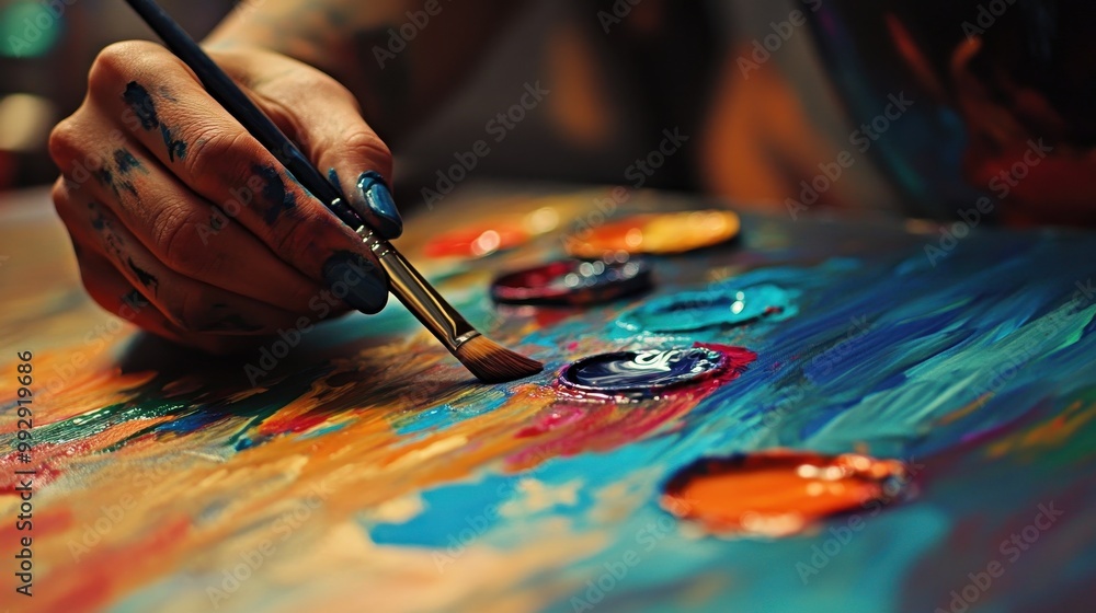 A person is painting a colorful picture with a brush A person is painting a colorful picture with a brush