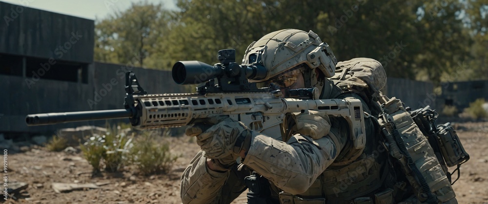 Fototapeta premium A cyborg soldier fighting in a warzone movie story seen trail cam footage, rear view, wide angle shot, a striking contrast against the soft, blurred background 
