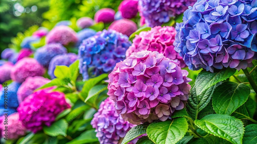A stunning hydrangea bush bursts with vibrant colors in the garden, surrounded by lush green leaves, showcasing A stunning hydrangea bush bursts with vibrant colors in the garden, surrounded by lush green leaves, showcasing
