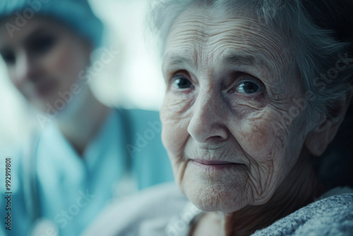 Close-up of aged woman in hospital room with blurred nurse in background. Concept of healthcare and support elderly patients