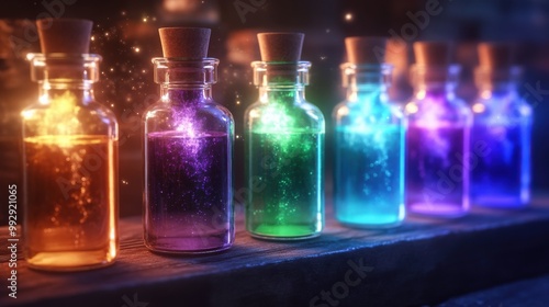 A row of bottles with different colored liquids inside. The bottles are lit up and are emitting smoke