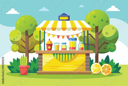 A cheerful lemonade stand setup features various jars filled with refreshing drinks surrounded by lush trees, Customizable lemonade stand illustration