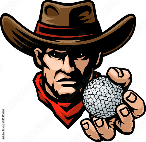 Cowboy man cowboys golf mascot holding golf ball