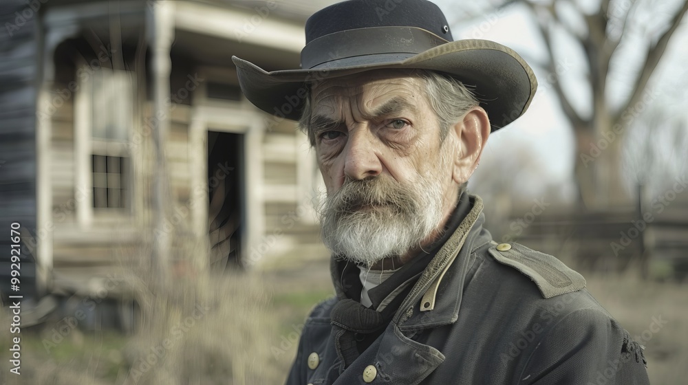 A seasoned mason in his worn uniform and hat, standing proudly in front of his old home, symbolizing hard work, craftsmanship, and heritage A seasoned mason in his worn uniform and hat, standing proudly in front of his old home, symbolizing hard work, craftsmanship, and heritage