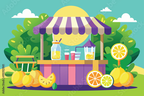 A colorful lemonade stand displays refreshing drinks amidst vibrant greenery and sunshine, Customizable lemonade stand illustration