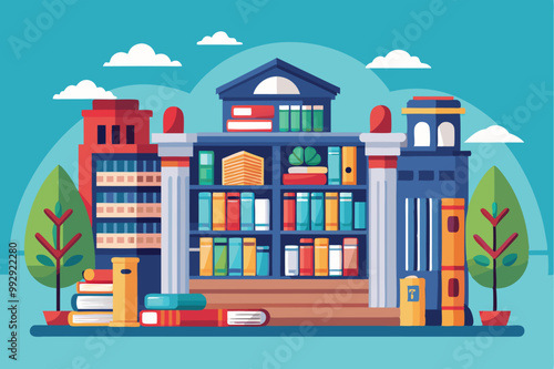 A colorful library illustration showcases buildings and books surrounded by trees, evoking a welcoming atmosphere, Customizable library illustration in semi-flat style.