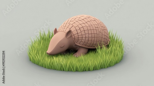 A stylized armadillo resting on a patch of grass. photo