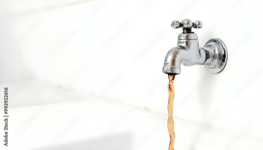 A faucet tap with dirty water representing water contamination isolated on a white background A faucet tap with dirty water representing water contamination isolated on a white background