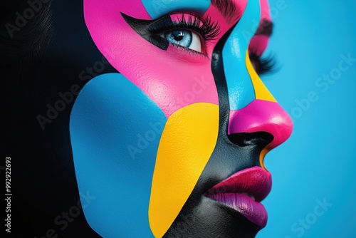 Modernist portrait of a face depicted entirely in CMYK colors photo