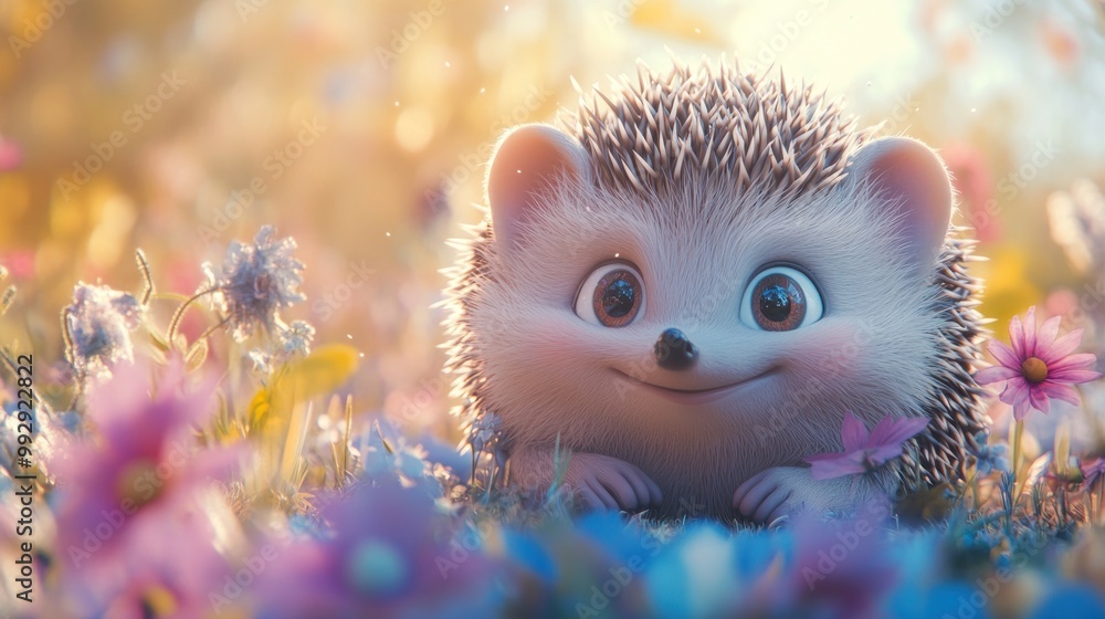 A cute hedgehog with big eyes smiles among colorful flowers in a sunny meadow. A cute hedgehog with big eyes smiles among colorful flowers in a sunny meadow.