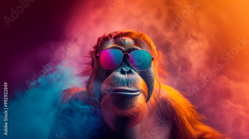 Pride orangutan with sunglasses in front of a neon background