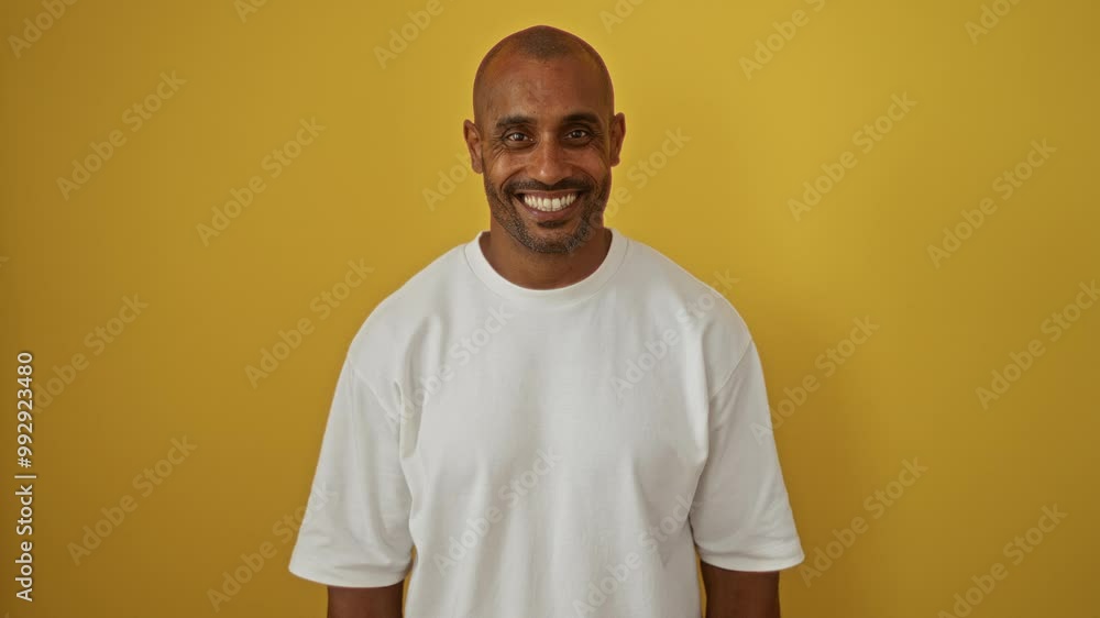 Young man standing against isolated yellow background smiling and wearing white shirt embodying happiness and confidence Young man standing against isolated yellow background smiling and wearing white shirt embodying happiness and confidence