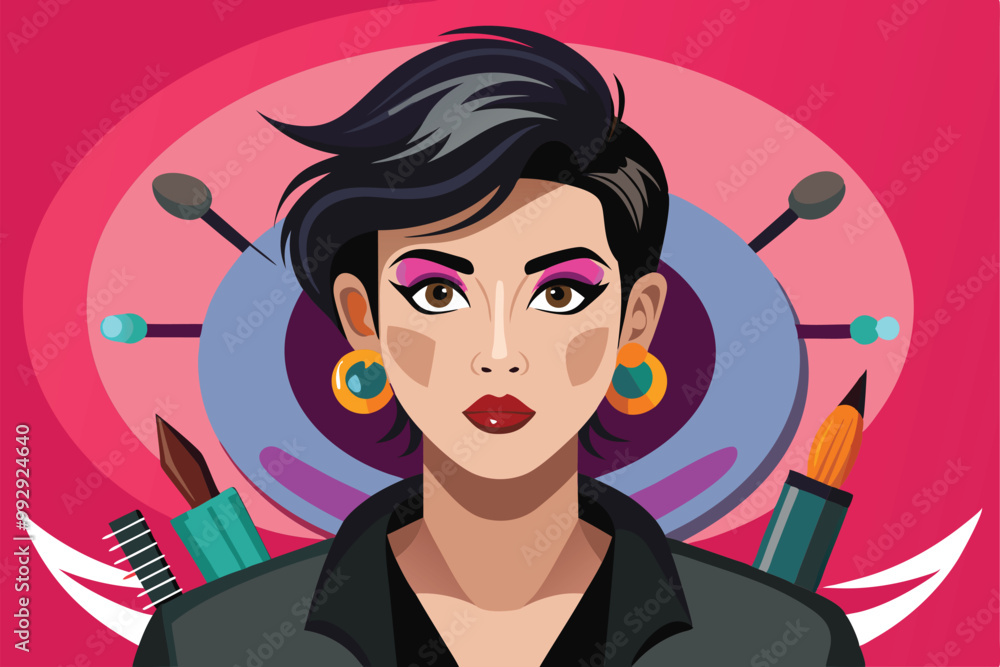 A makeup artist showcases various tools while designing unique looks in a colorful environment, Customizable makeup artist with disproportionate illustration. A makeup artist showcases various tools while designing unique looks in a colorful environment, Customizable makeup artist with disproportionate illustration.