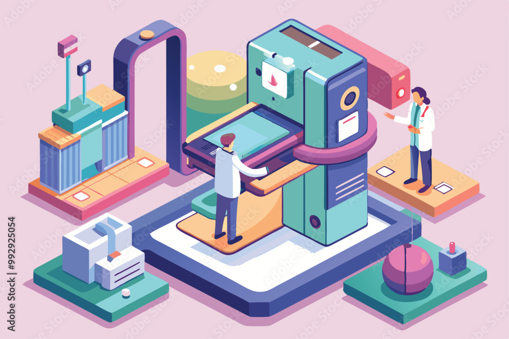A detailed illustration showcasing the process of mammography in a healthcare facility with customizable options, Customizable mammography illustration in isometric style. A detailed illustration showcasing the process of mammography in a healthcare facility with customizable options, Customizable mammography illustration in isometric style.