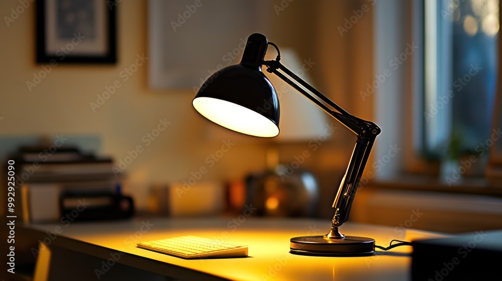 A desk lamp illuminates a workspace with a keyboard, creating a warm, inviting atmosphere. A desk lamp illuminates a workspace with a keyboard, creating a warm, inviting atmosphere.