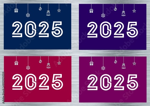 4 Silver greeting cards New Year 2025 with Christmas symbols : balls, gift package, snowman, stars and snowflakes with 4 background colors