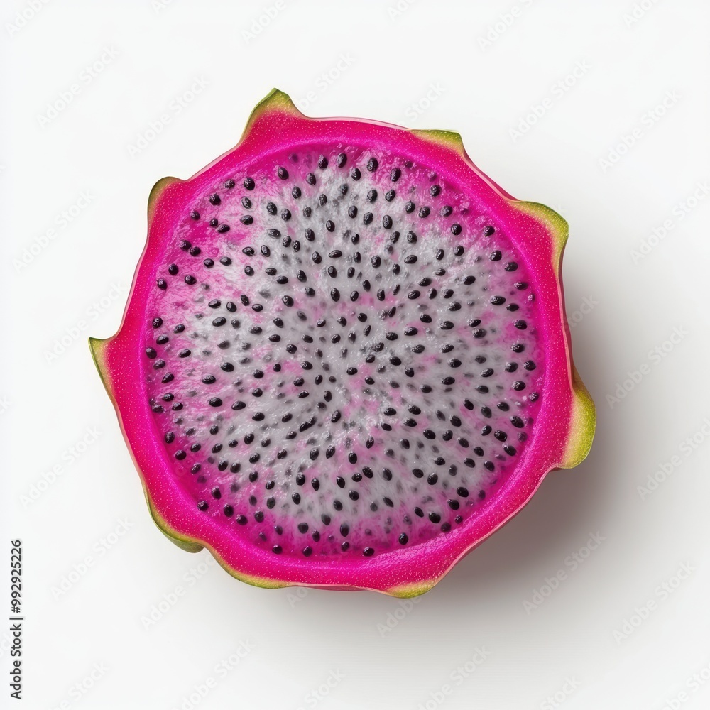A vibrant, sliced dragon fruit showcasing its colorful exterior and speckled interior. A vibrant, sliced dragon fruit showcasing its colorful exterior and speckled interior.