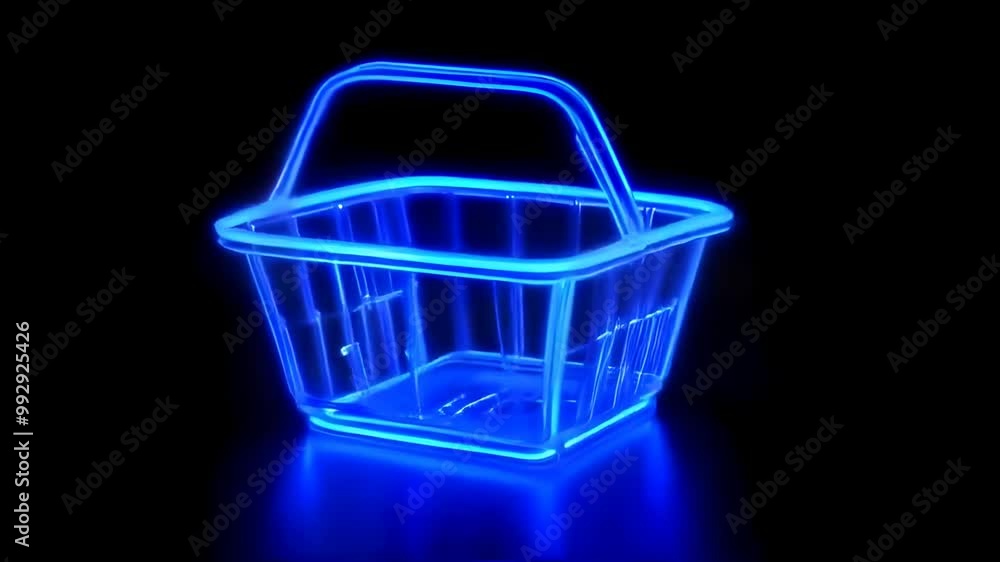 Glowing neon blue basket on black background, showcasing modern shopping concept, perfect for sales promotions, neon blue basket sales Glowing neon blue basket on black background, showcasing modern shopping concept, perfect for sales promotions, neon blue basket sales