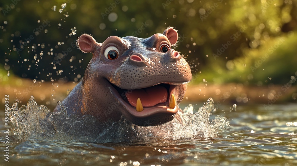 Fototapeta premium A cheerful cartoon hippopotamus splashes in water, showcasing a playful and vibrant scene.